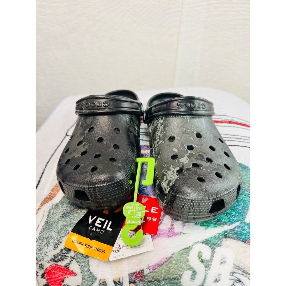 Crocs Classic Clog Veil Camo Black Grey Mens 8 Womens 10 Slip On Shoes
